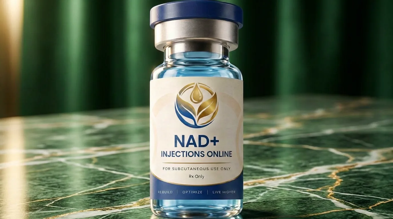 Vial of injectable NAD+ on a marble counter