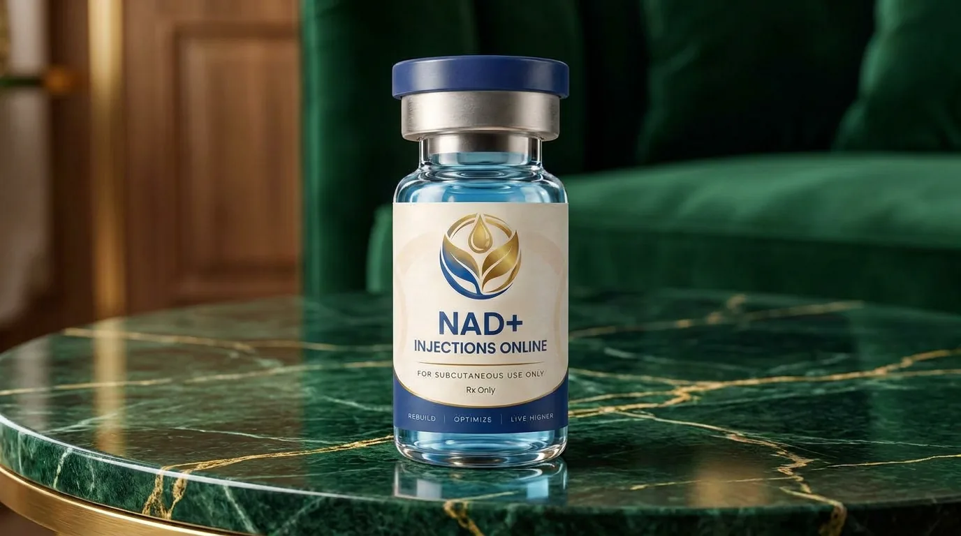 Vial of injectable NAD+ on a marble counter