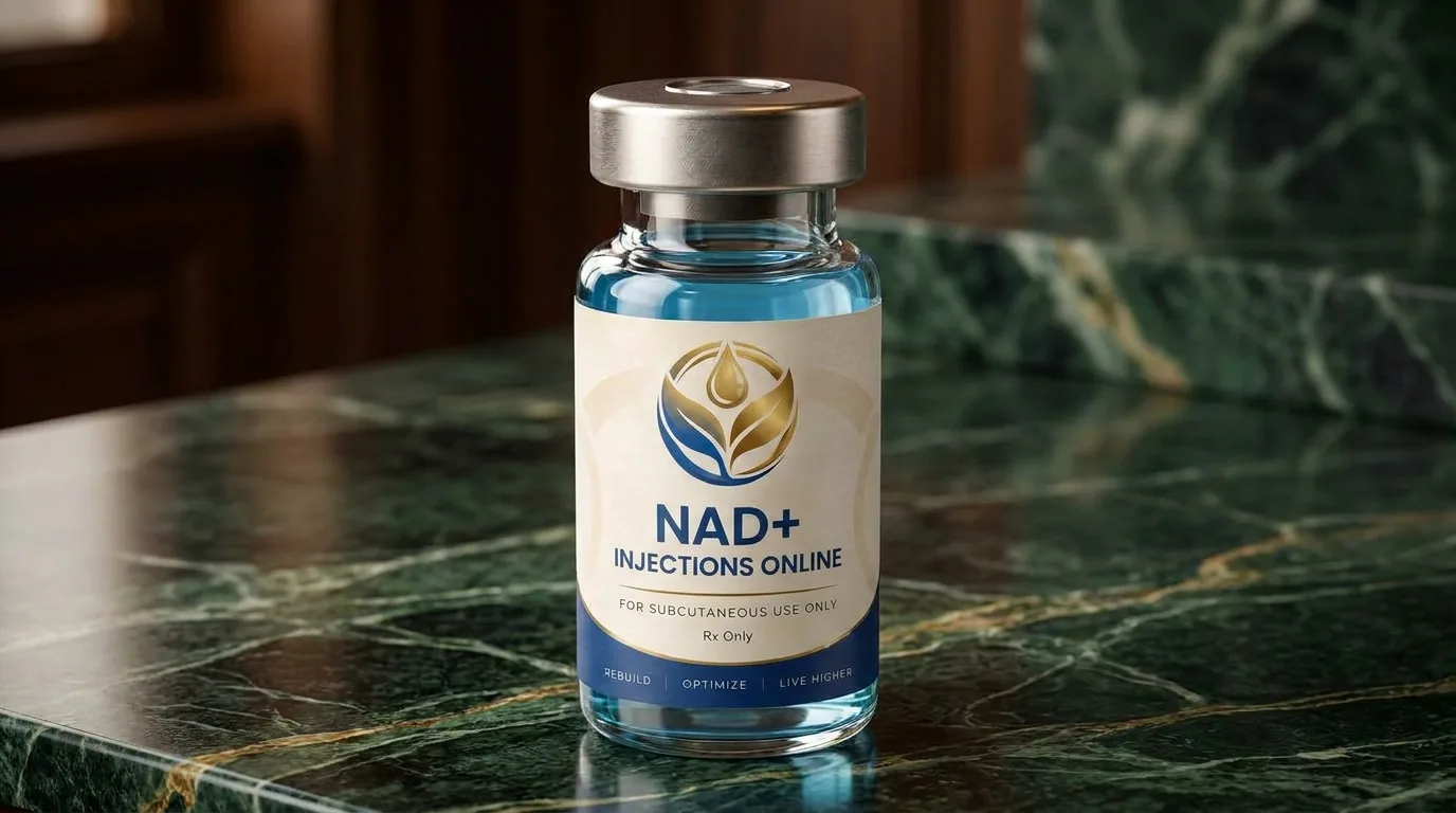 Vial of injectable NAD+ on a marble counter