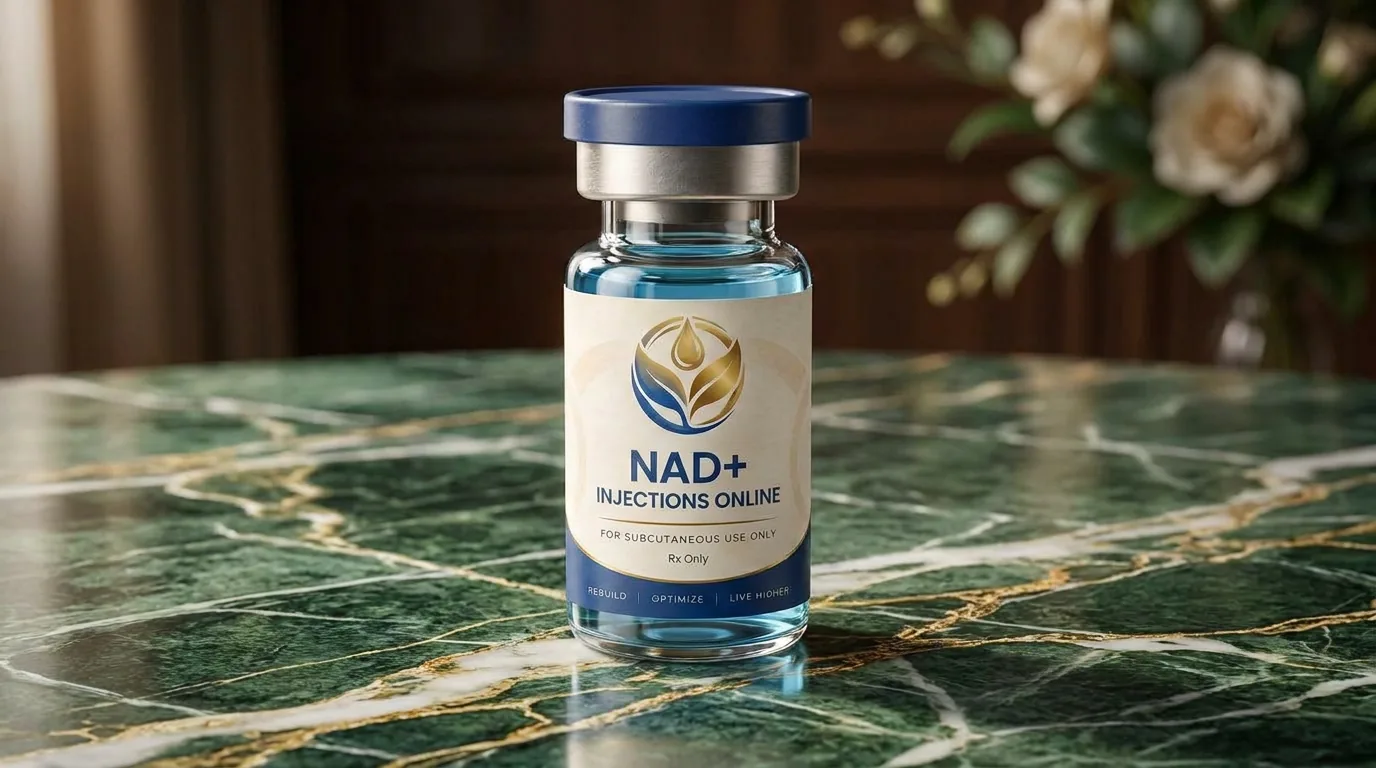 Vial of injectable NAD+ on a marble counter