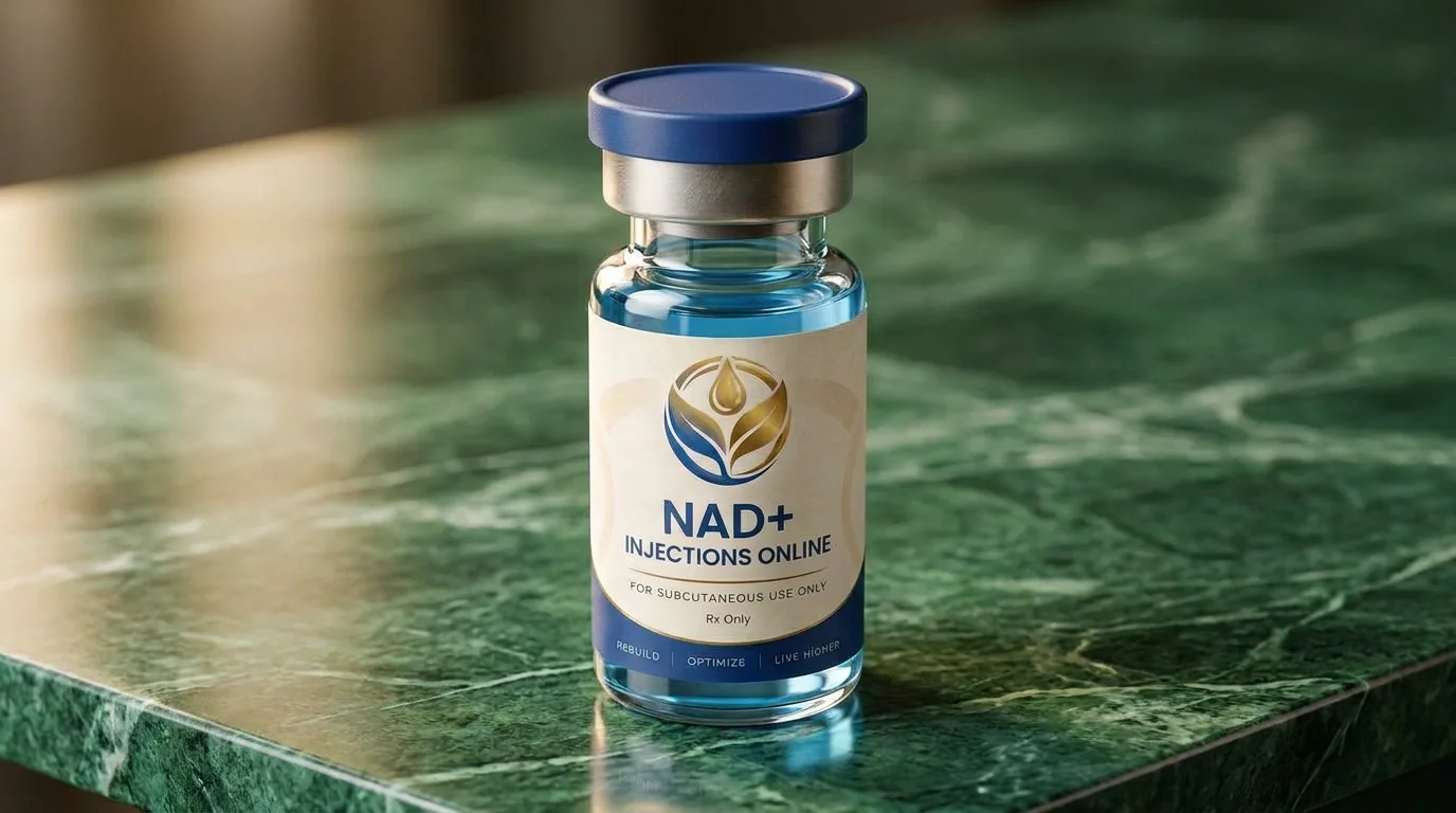 Vial of injectable NAD+ on a marble counter