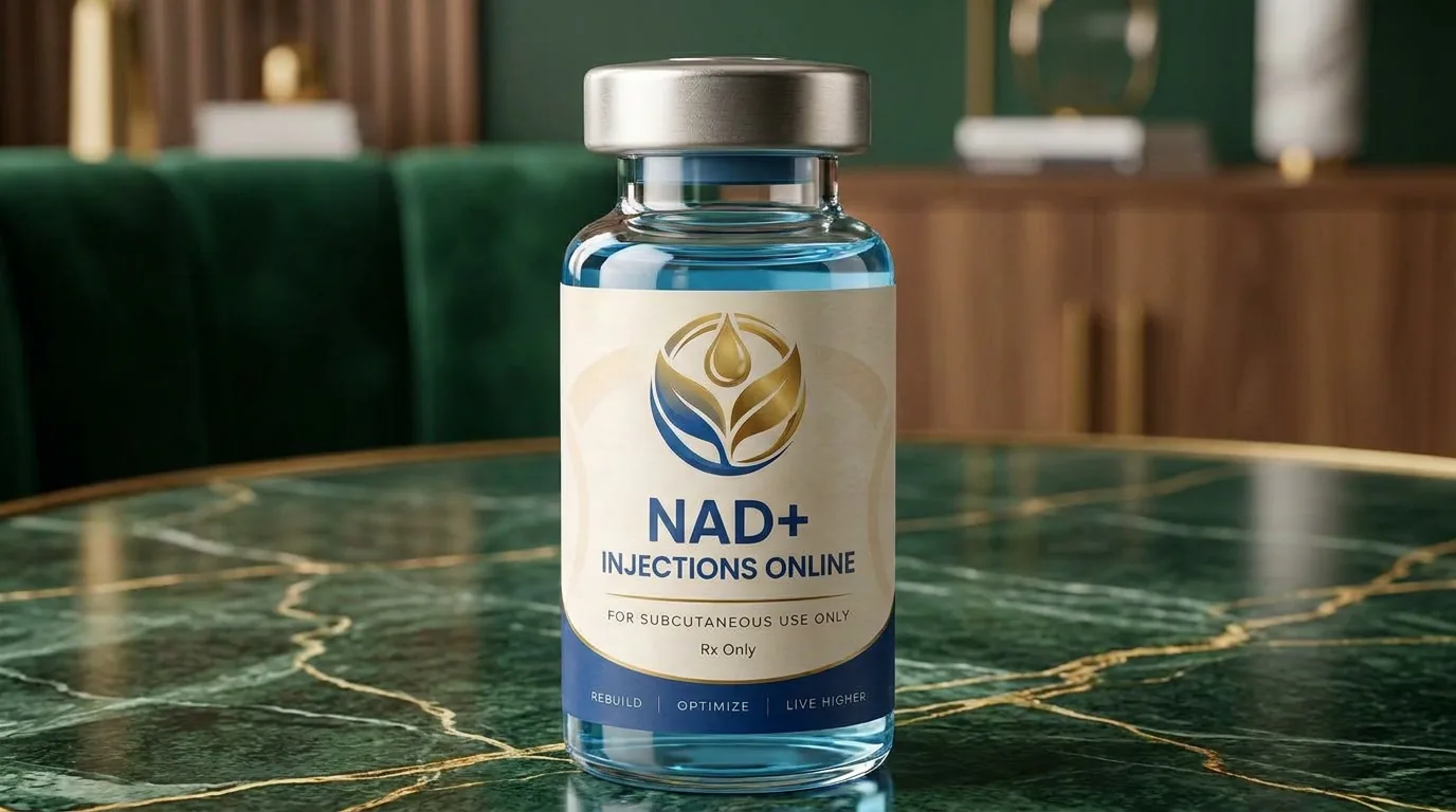 Vial of injectable NAD+ on a marble counter