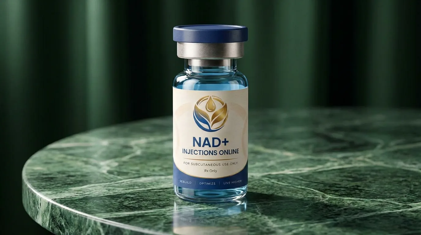 Vial of injectable NAD+ on a marble counter