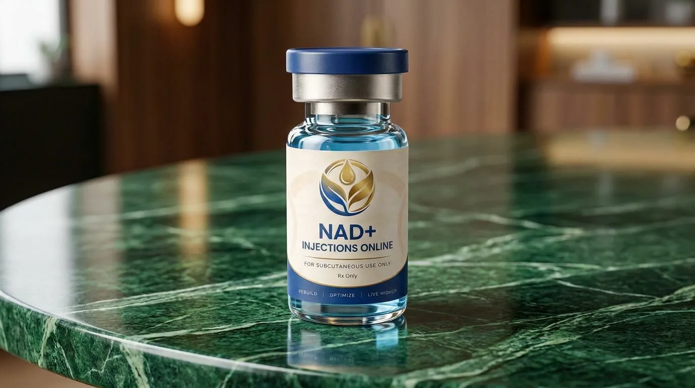 Vial of injectable NAD+ on a marble counter