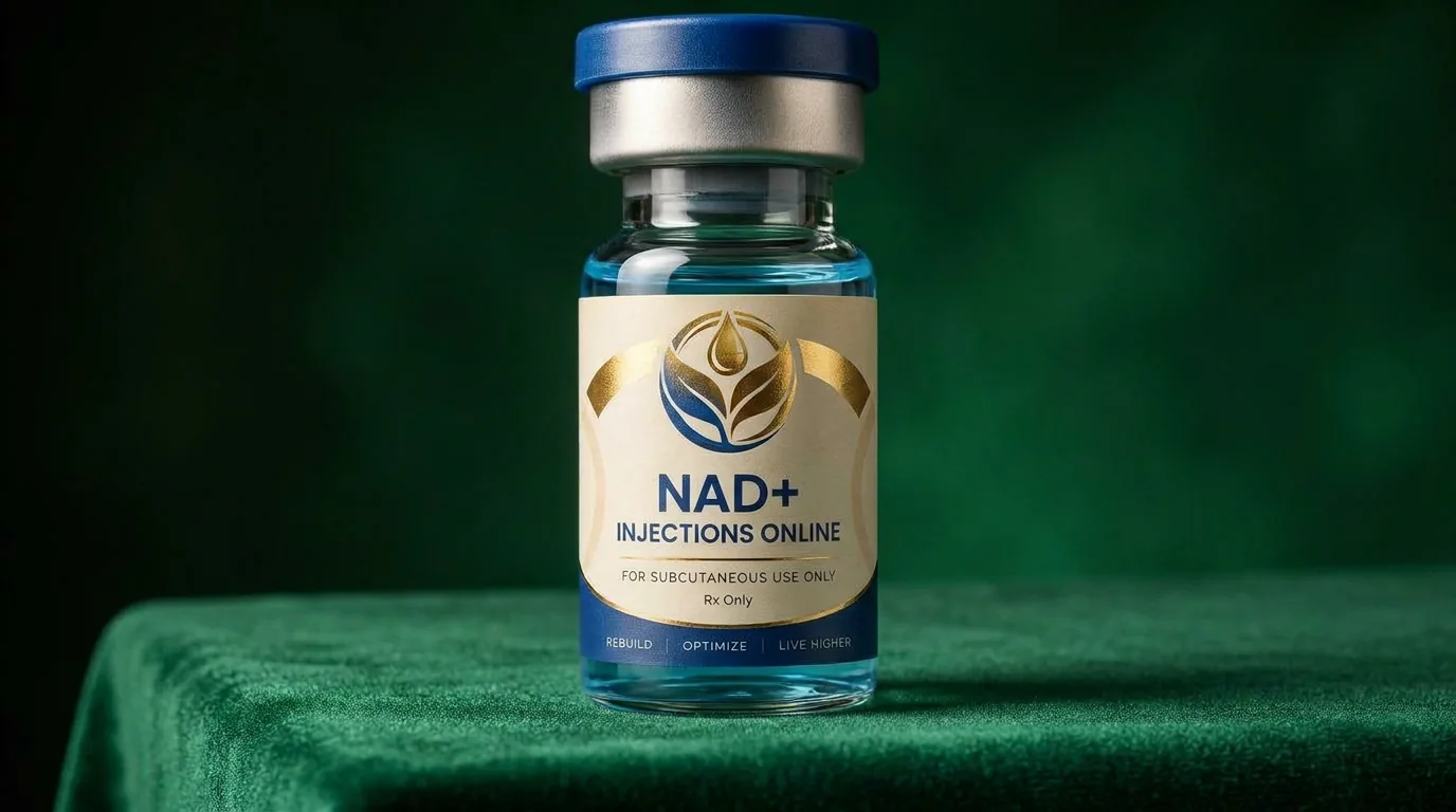 Vial of injectable NAD+ on a marble counter