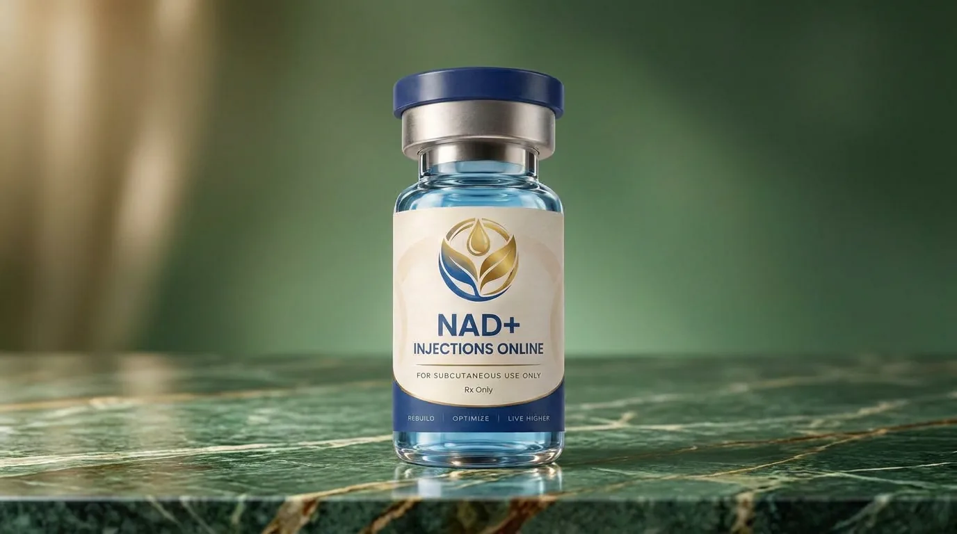 Vial of injectable NAD+ on a marble counter