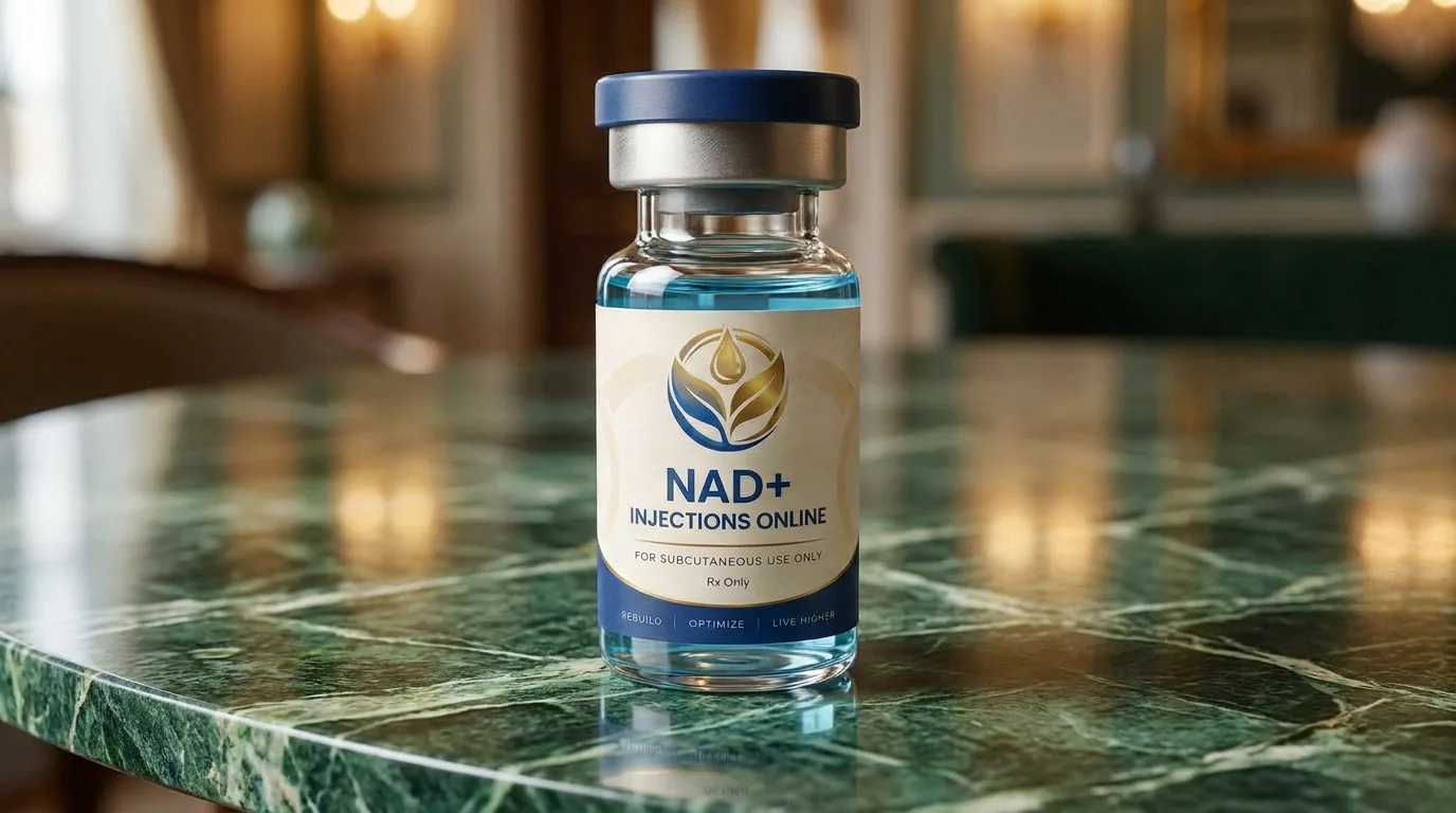 Vial of injectable NAD+ on a marble counter