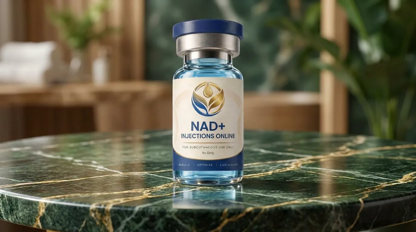 Vial of injectable NAD+ on a marble counter