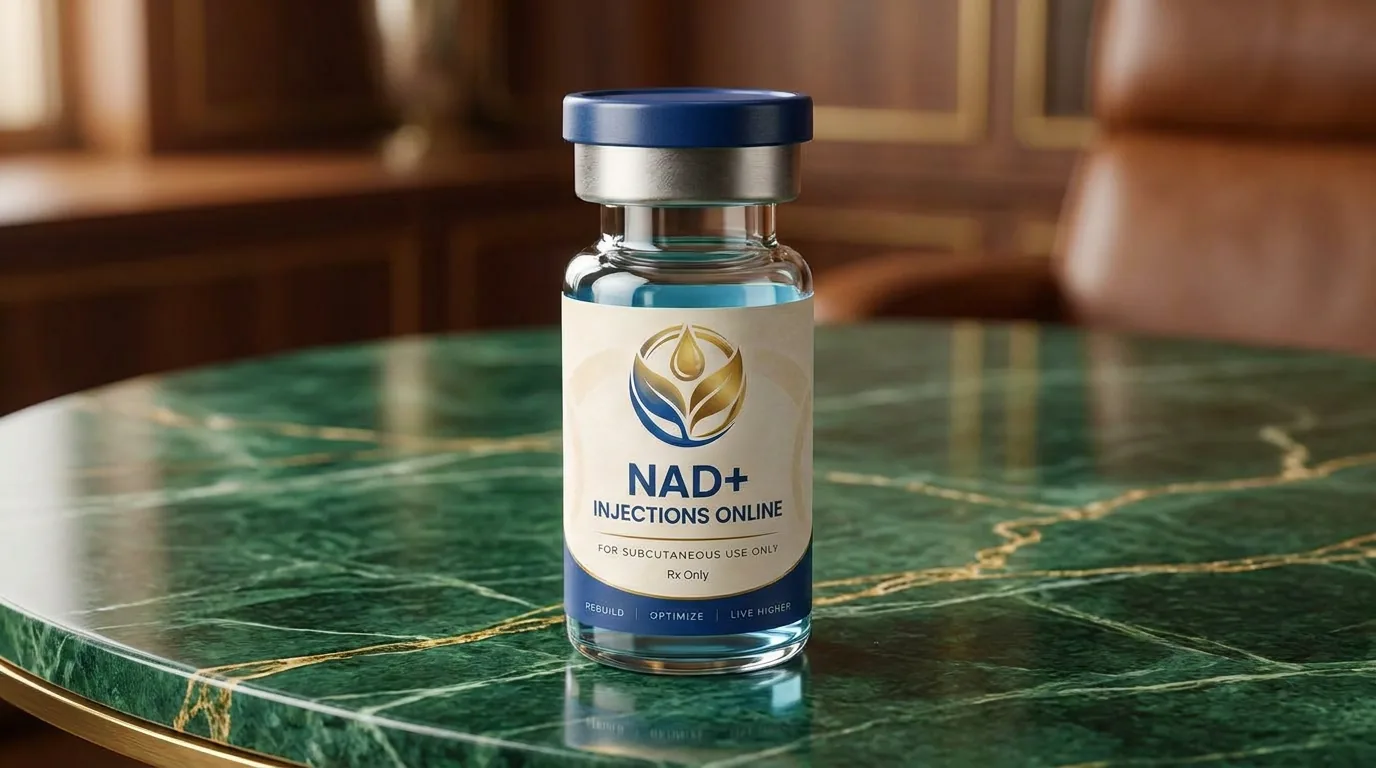 Vial of injectable NAD+ on a marble counter