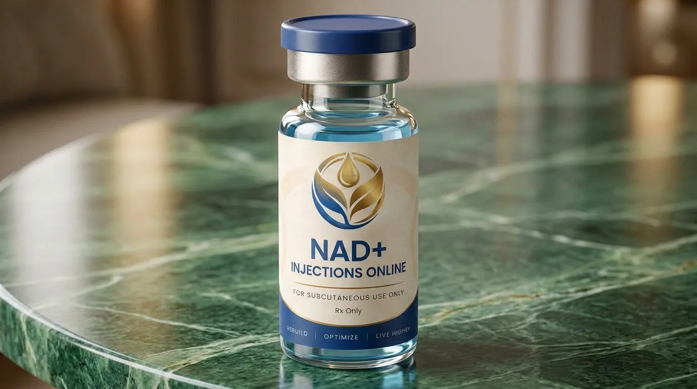 Vial of injectable NAD+ on a marble counter