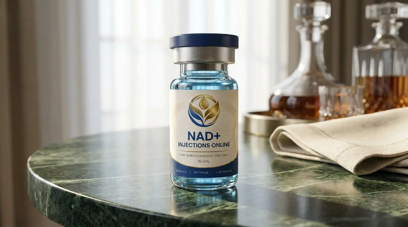 Vial of injectable NAD+ on a marble counter