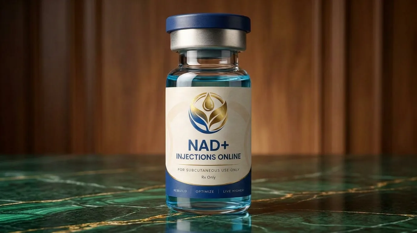Vial of injectable NAD+ on a marble counter
