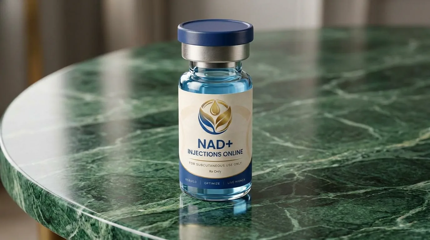 Vial of injectable NAD+ on a marble counter
