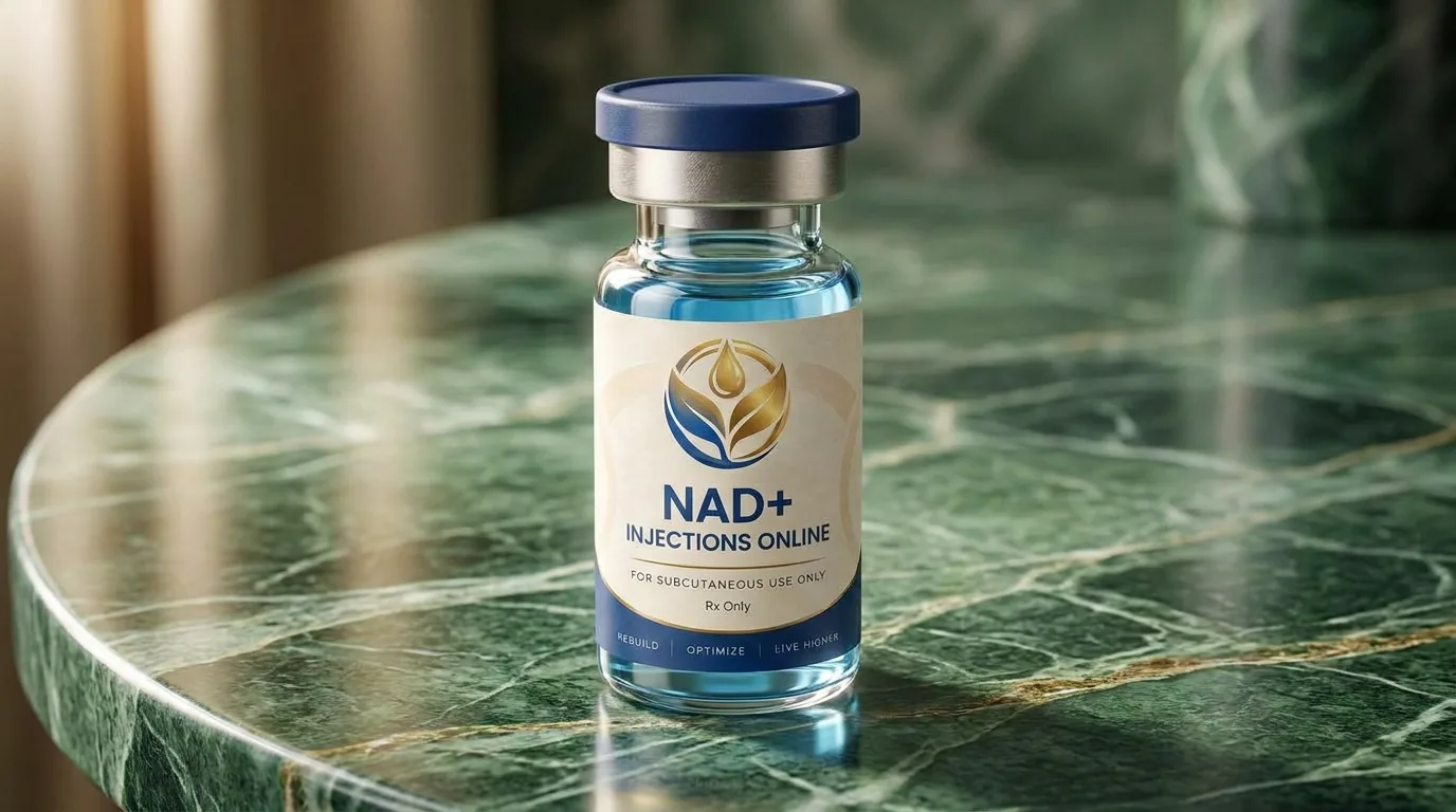 Vial of injectable NAD+ on a marble counter