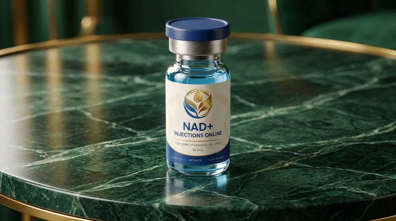 Vial of injectable NAD+ on a marble counter