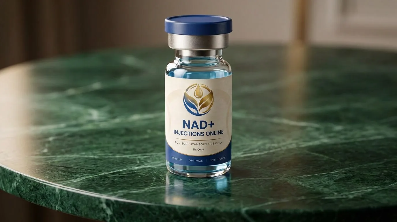 Vial of injectable NAD+ on a marble counter