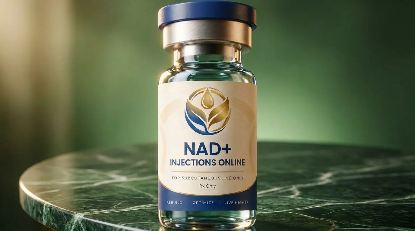 Vial of injectable NAD+ on a marble counter