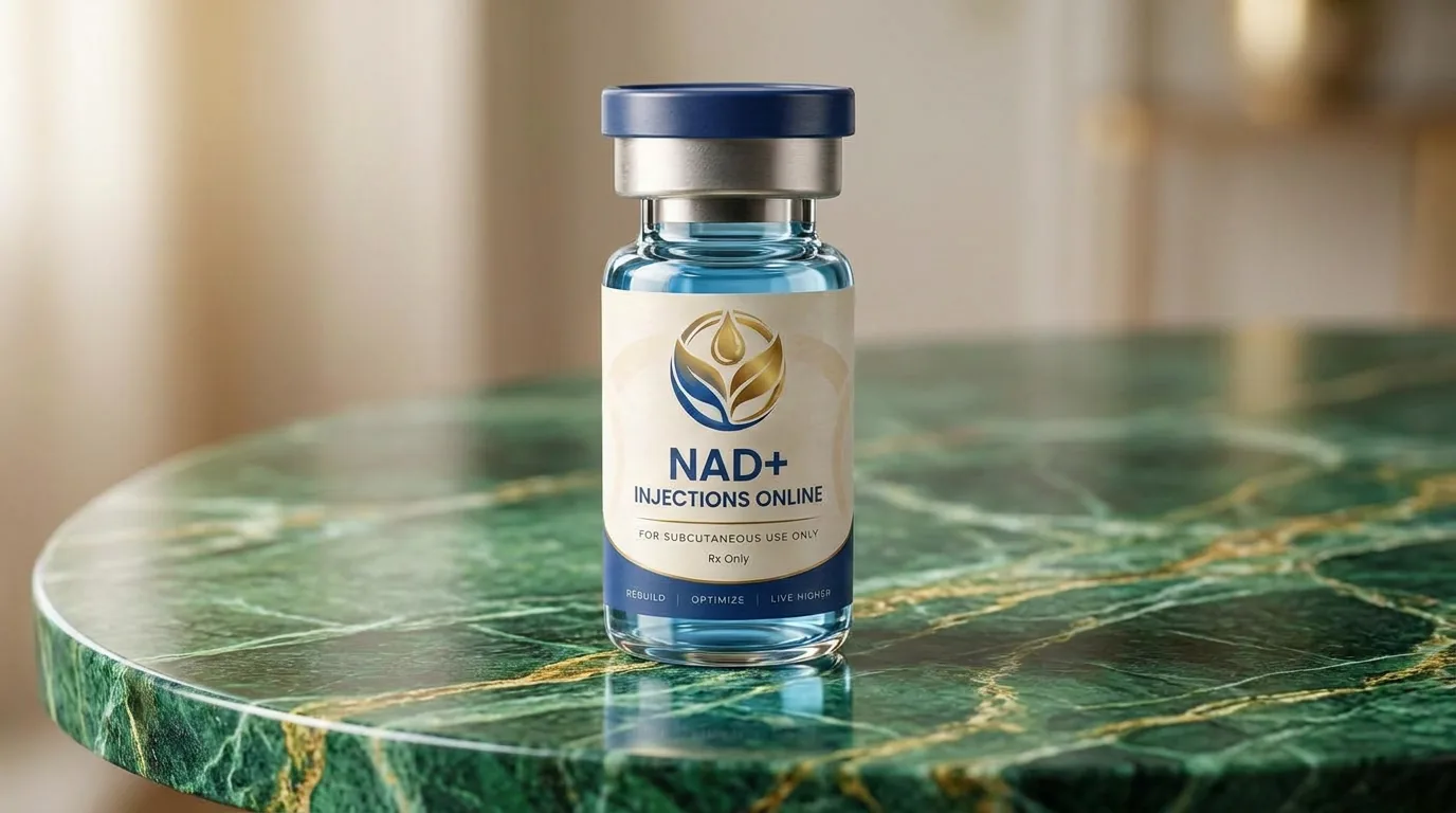 Vial of injectable NAD+ on a marble counter
