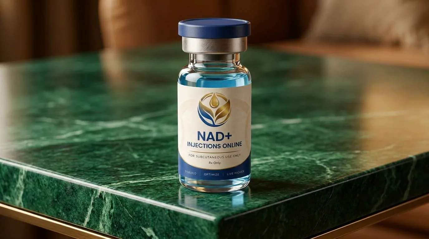 Vial of injectable NAD+ on a marble counter
