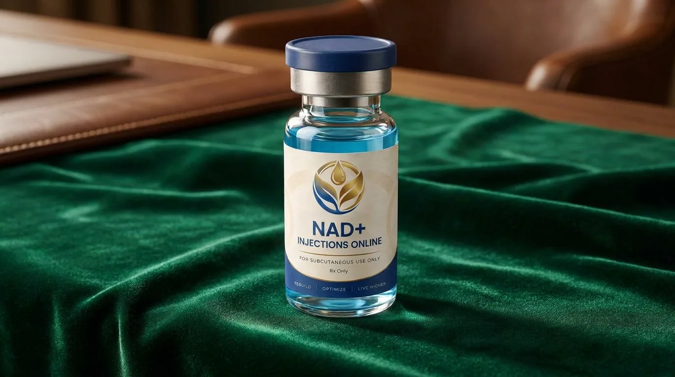 Vial of injectable NAD+ on a marble counter
