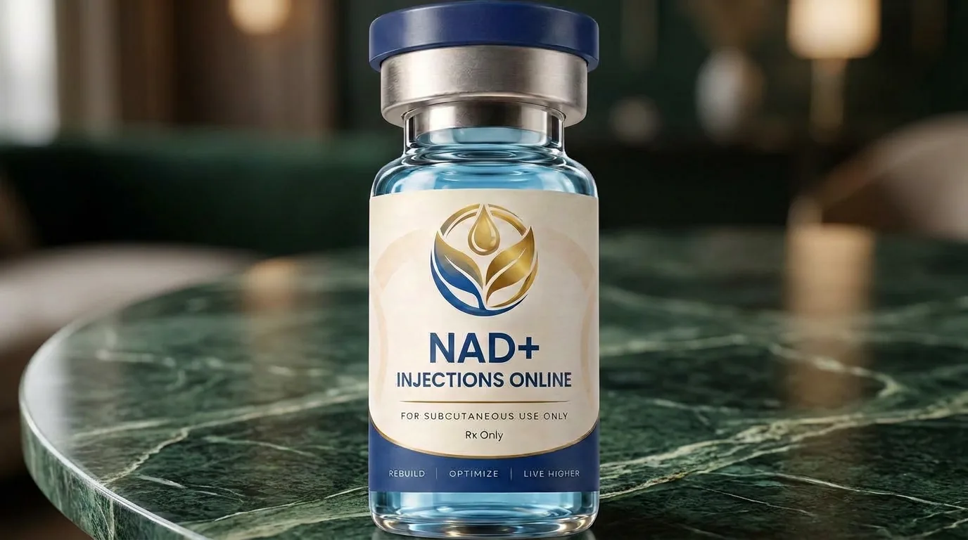 Vial of injectable NAD+ on a marble counter