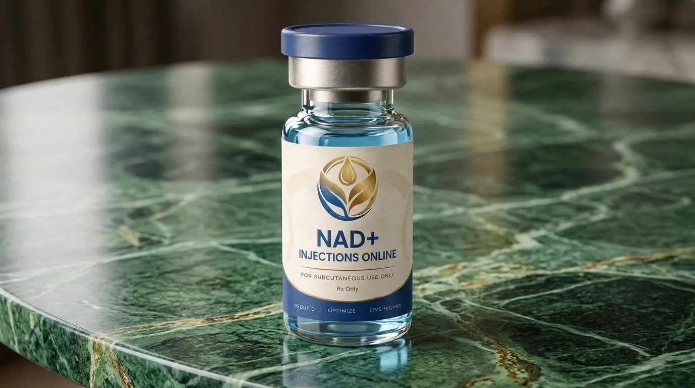 Vial of injectable NAD+ on a marble counter