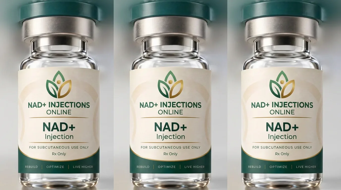 Injectable NAD+ vial with its pharmacy label in view