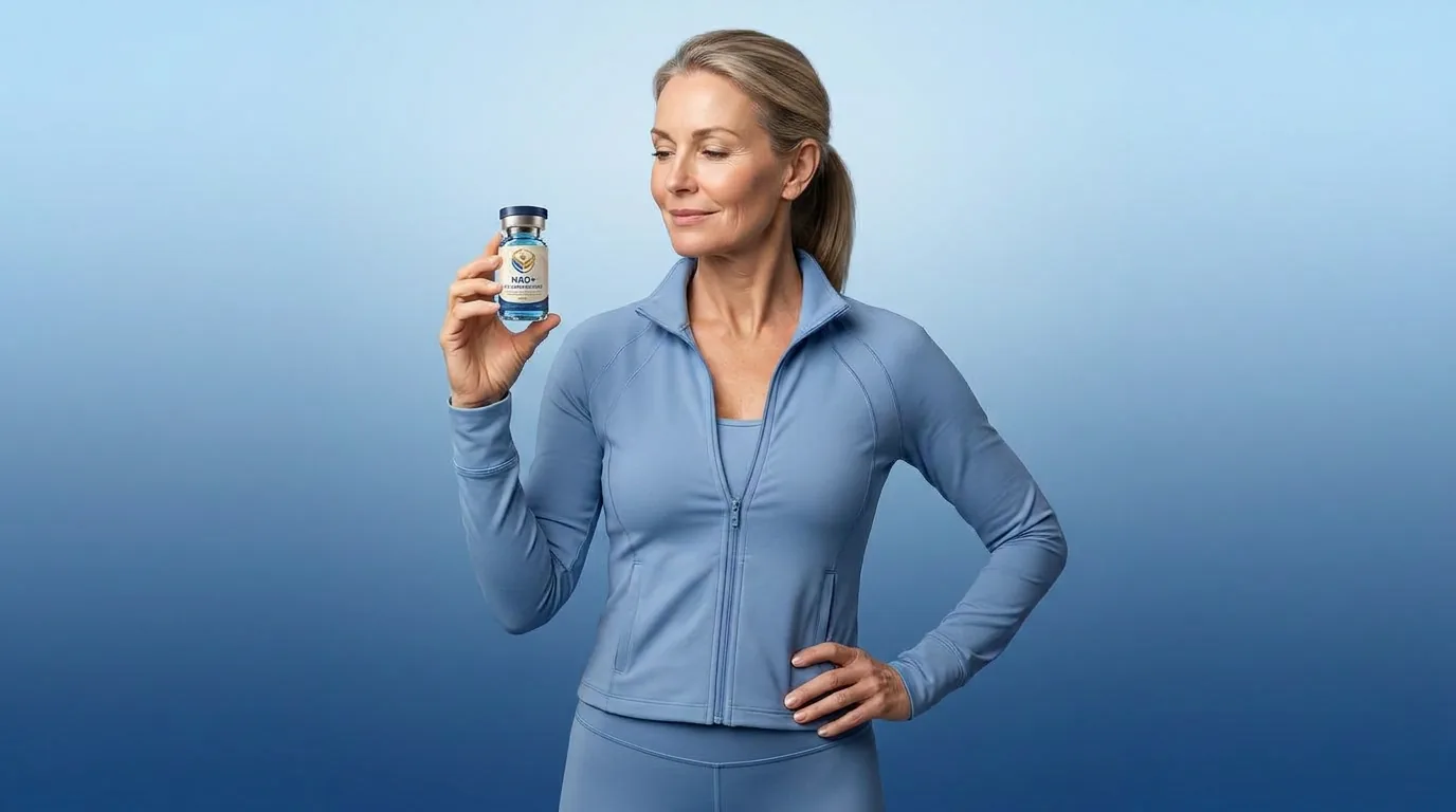 Man holding a vial of injectable NAD+ against a blue studio backdrop