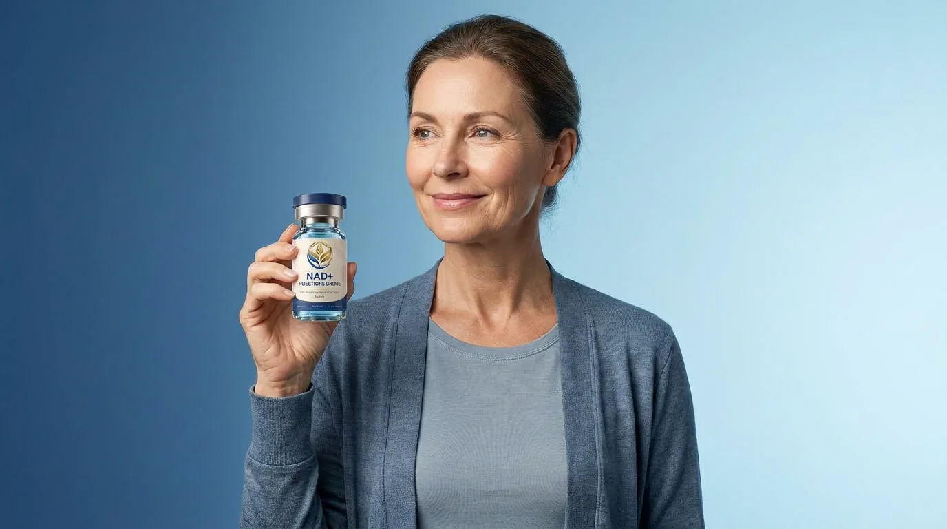Man holding a vial of injectable NAD+ against a blue studio backdrop