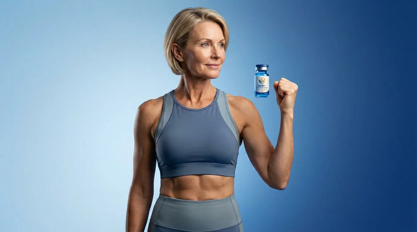Man holding a vial of injectable NAD+ against a blue studio backdrop