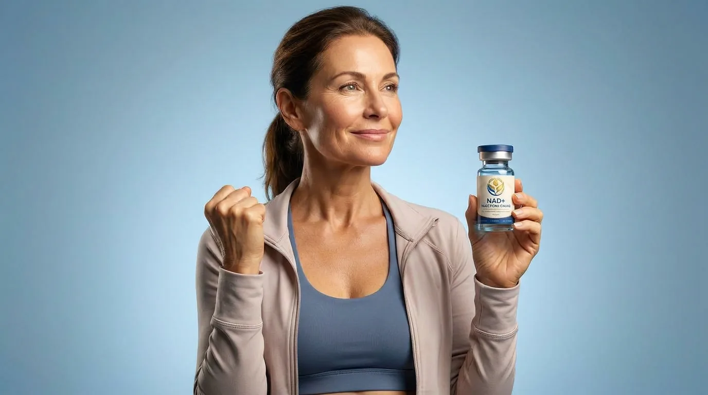 Man holding a vial of injectable NAD+ against a blue studio backdrop