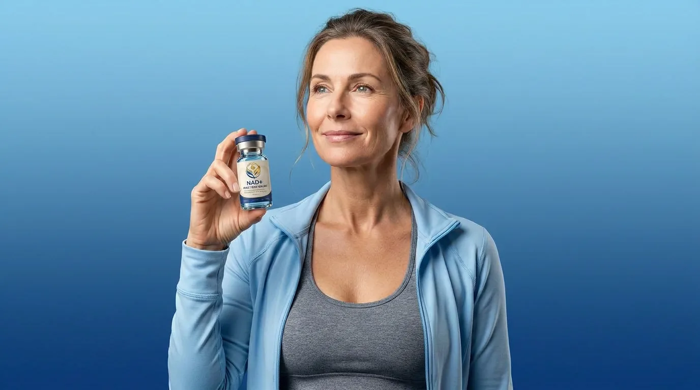 Man holding a vial of injectable NAD+ against a blue studio backdrop