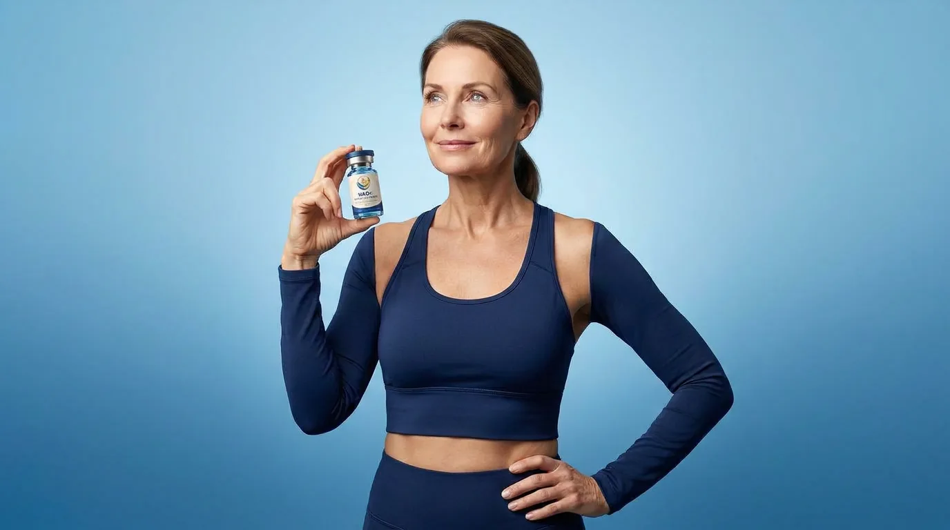 Man holding a vial of injectable NAD+ against a blue studio backdrop