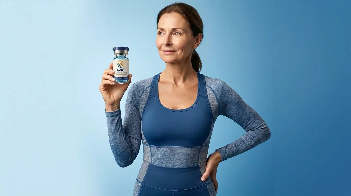 Man holding a vial of injectable NAD+ against a blue studio backdrop