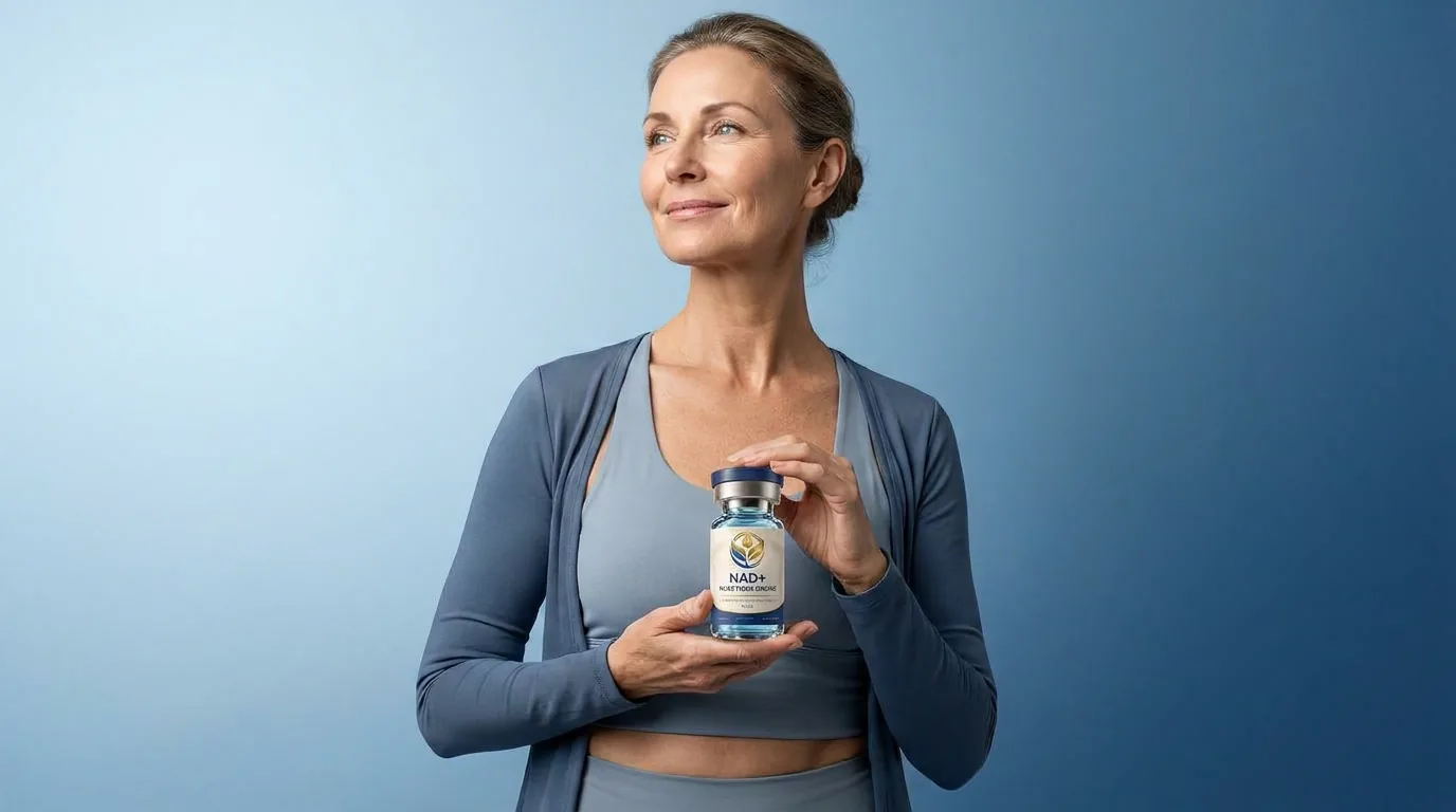 Man holding a vial of injectable NAD+ against a blue studio backdrop