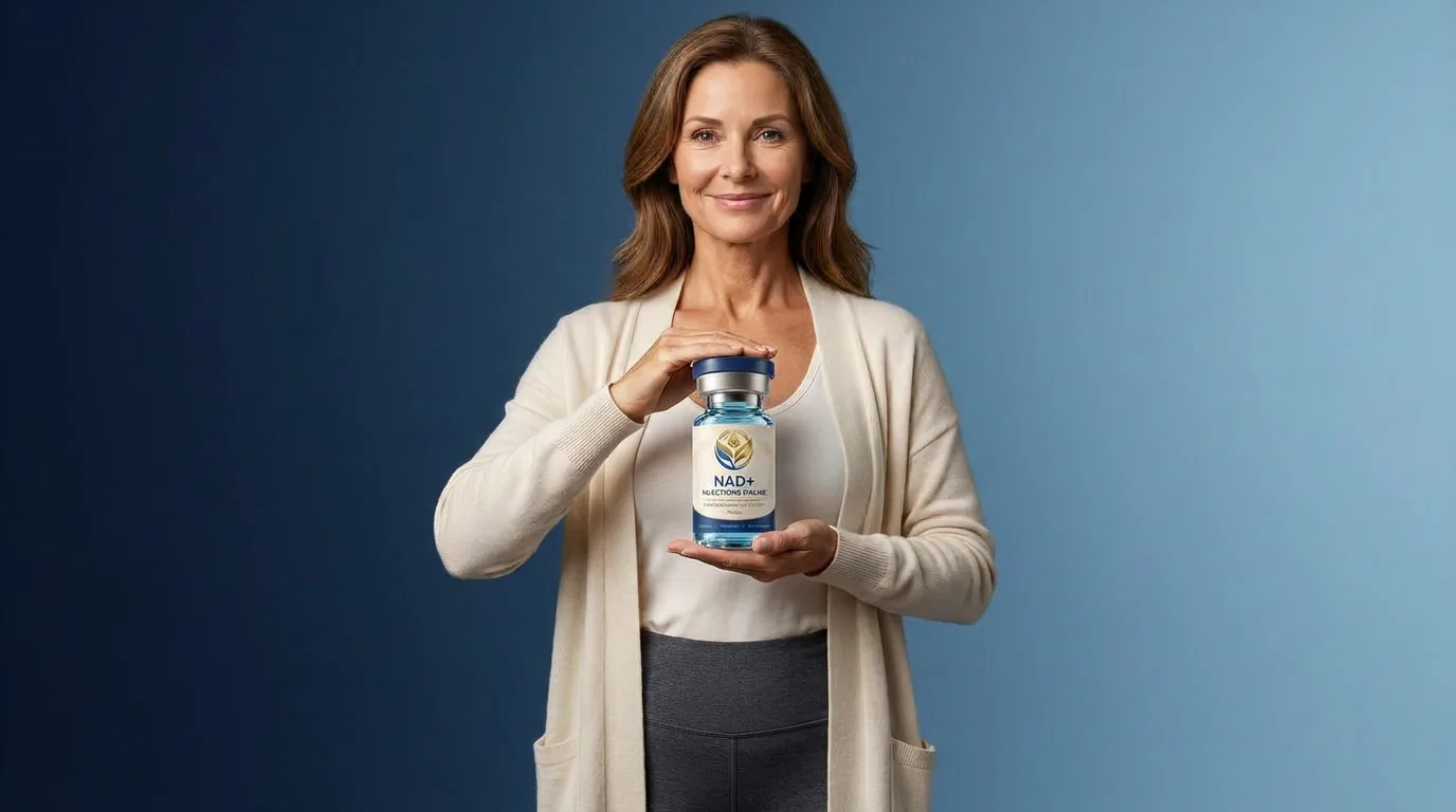Man holding a vial of injectable NAD+ against a blue studio backdrop