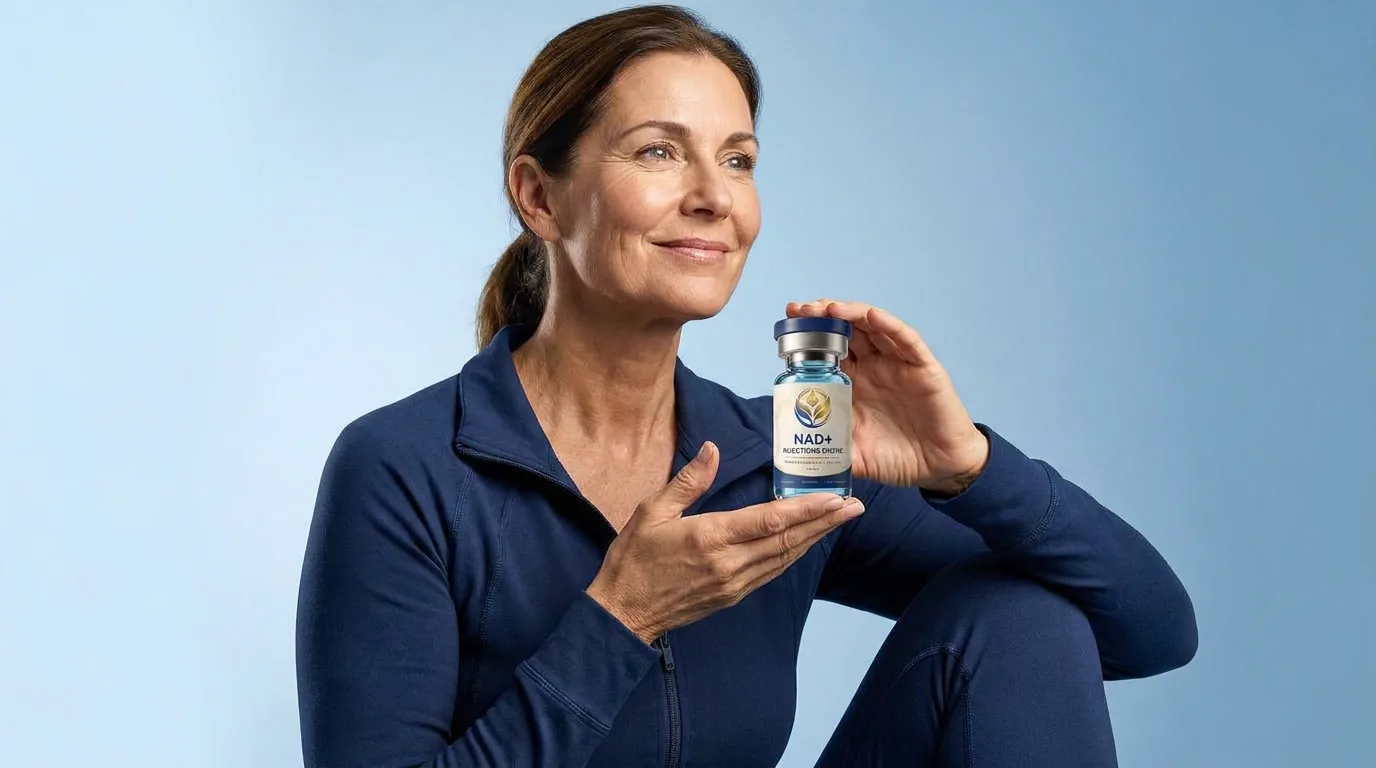 Man holding a vial of injectable NAD+ against a blue studio backdrop
