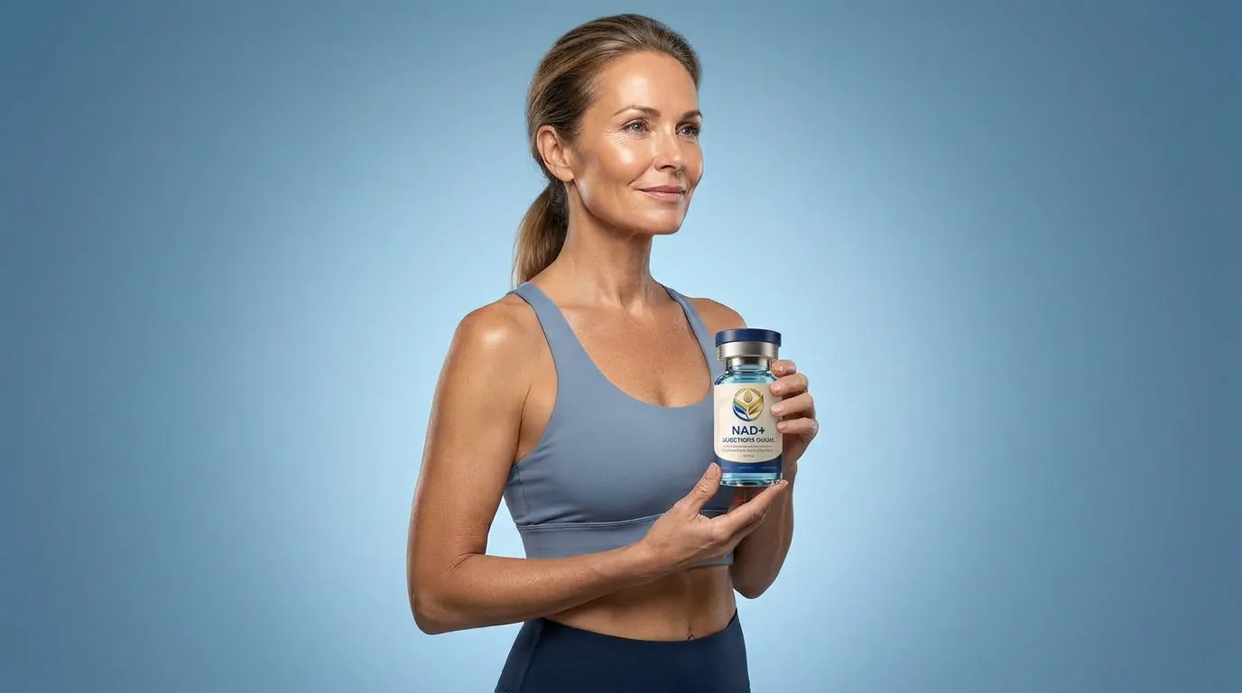 Man holding a vial of injectable NAD+ against a blue studio backdrop