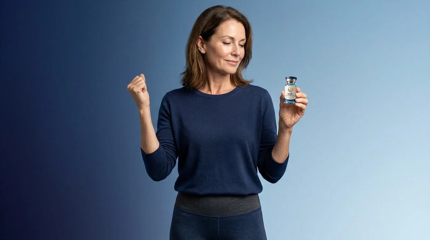 Man holding a vial of injectable NAD+ against a blue studio backdrop