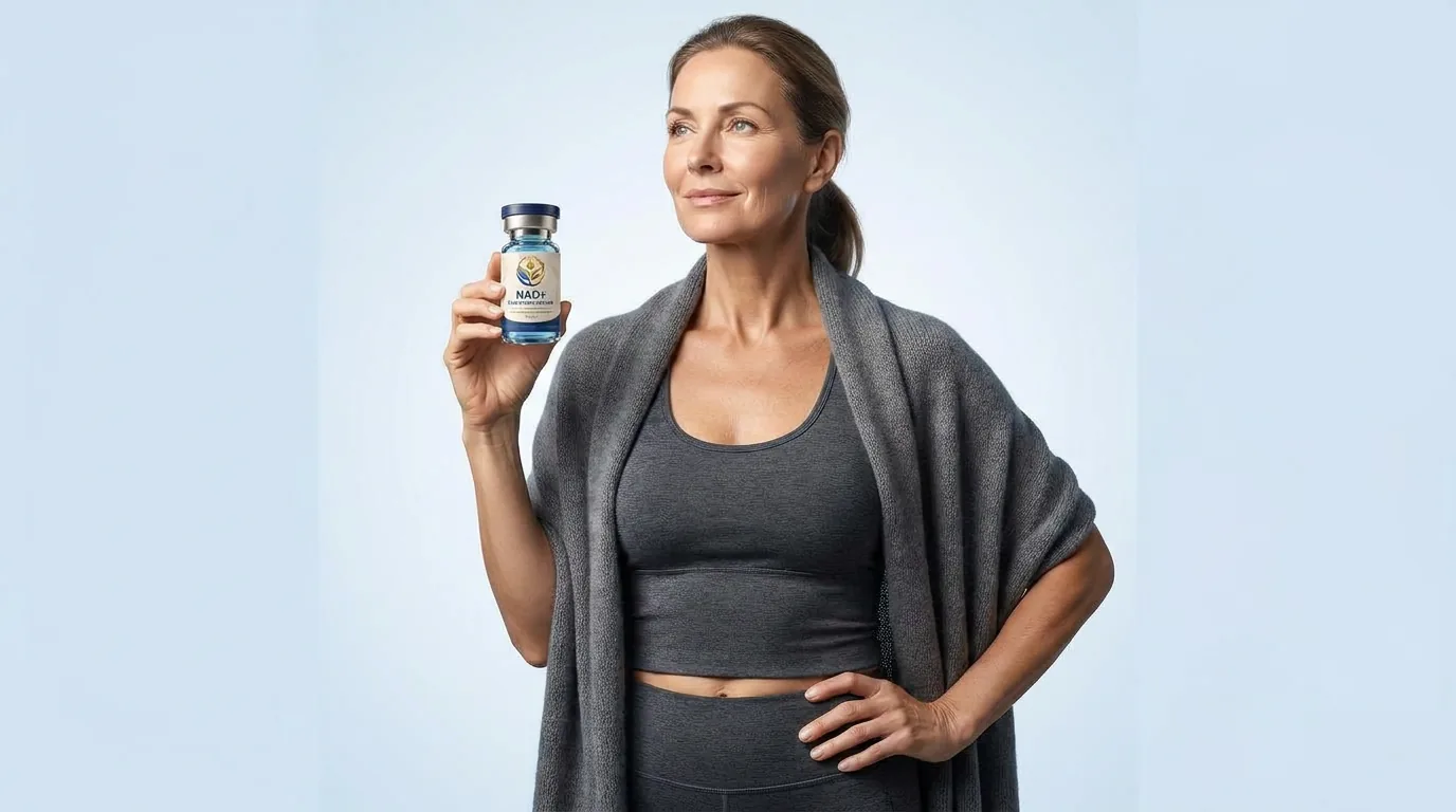 Man holding a vial of injectable NAD+ against a blue studio backdrop