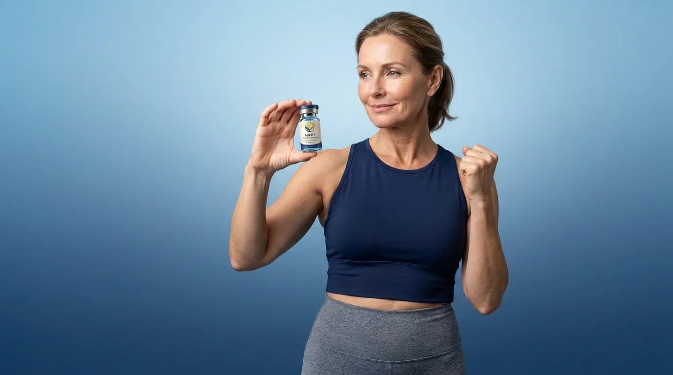 Man holding a vial of injectable NAD+ against a blue studio backdrop