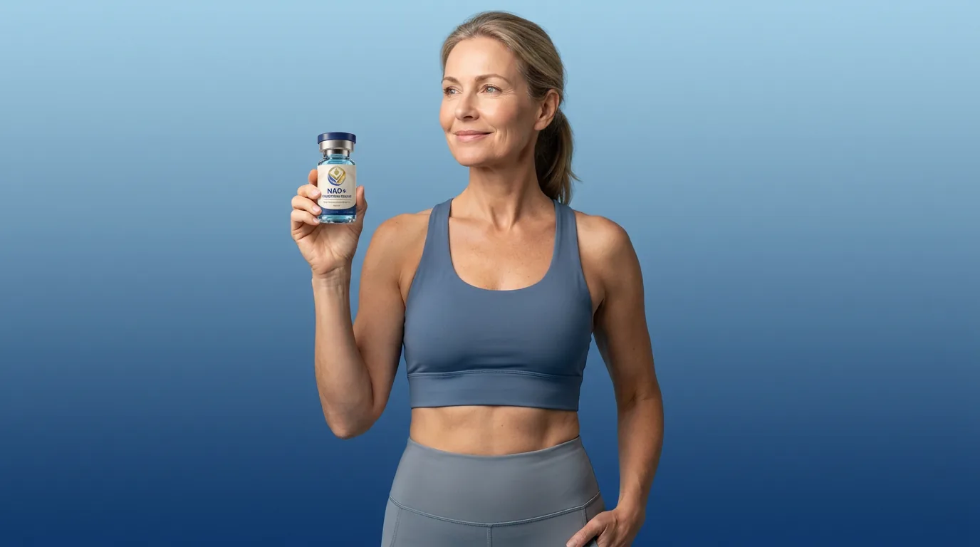 Man holding a vial of injectable NAD+ against a blue studio backdrop