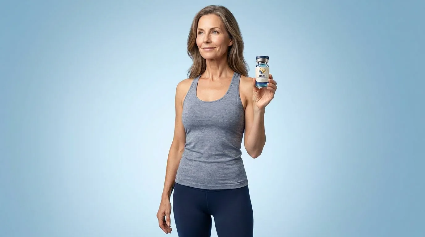Man holding a vial of injectable NAD+ against a blue studio backdrop