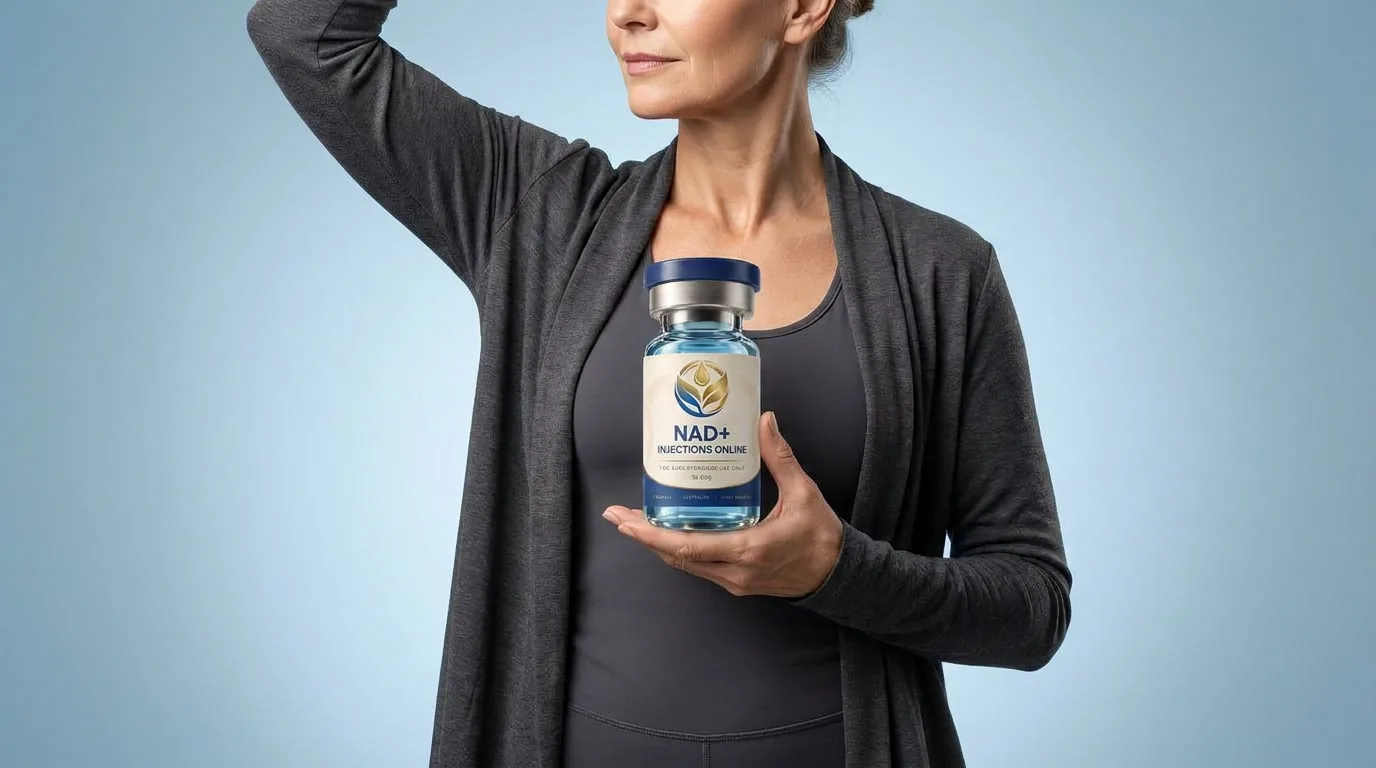 Man holding a vial of injectable NAD+ against a blue studio backdrop