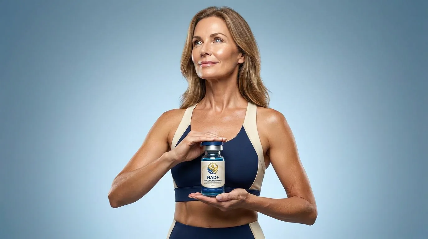Man holding a vial of injectable NAD+ against a blue studio backdrop