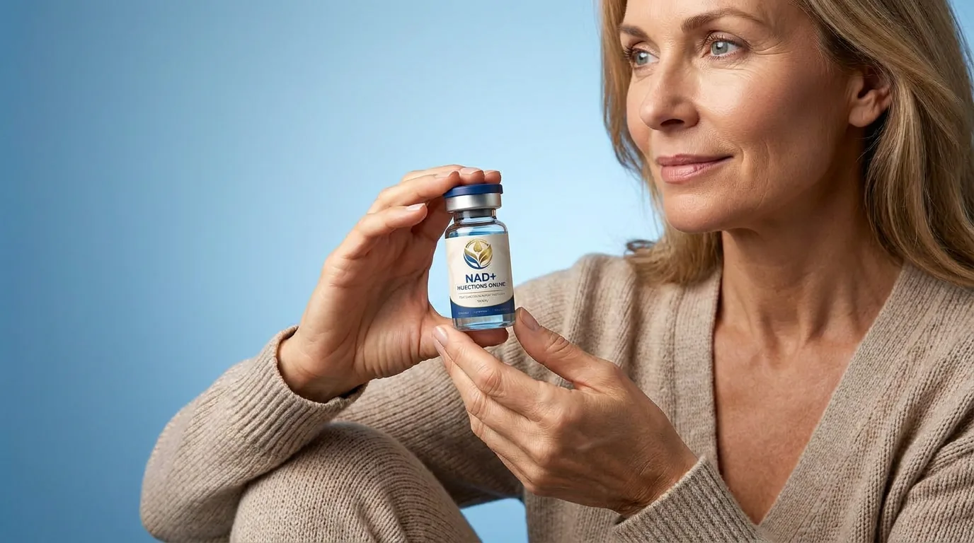 Man holding a vial of injectable NAD+ against a blue studio backdrop