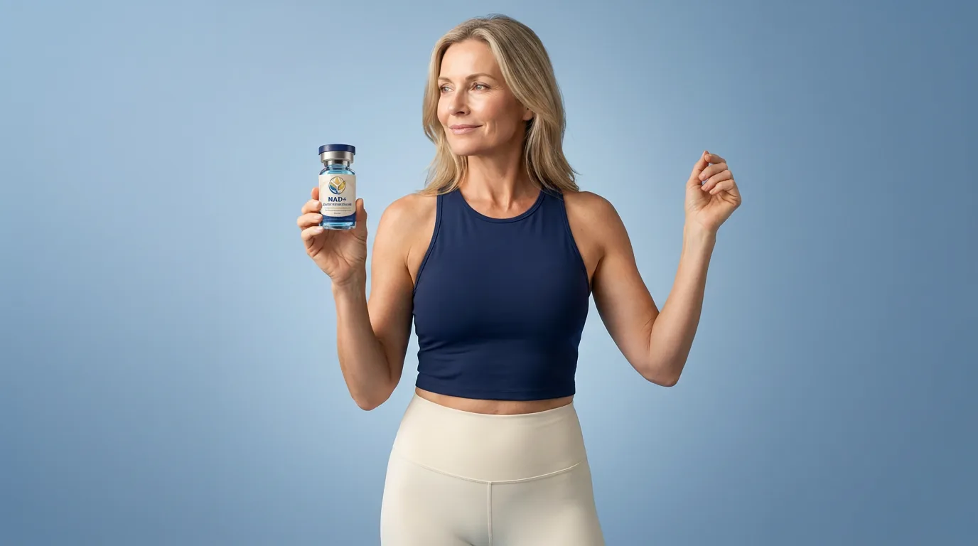 Man holding a vial of injectable NAD+ against a blue studio backdrop