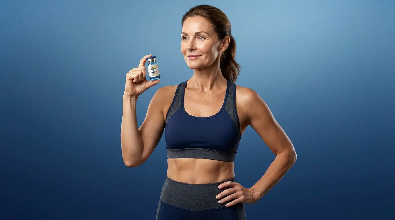 Man holding a vial of injectable NAD+ against a blue studio backdrop