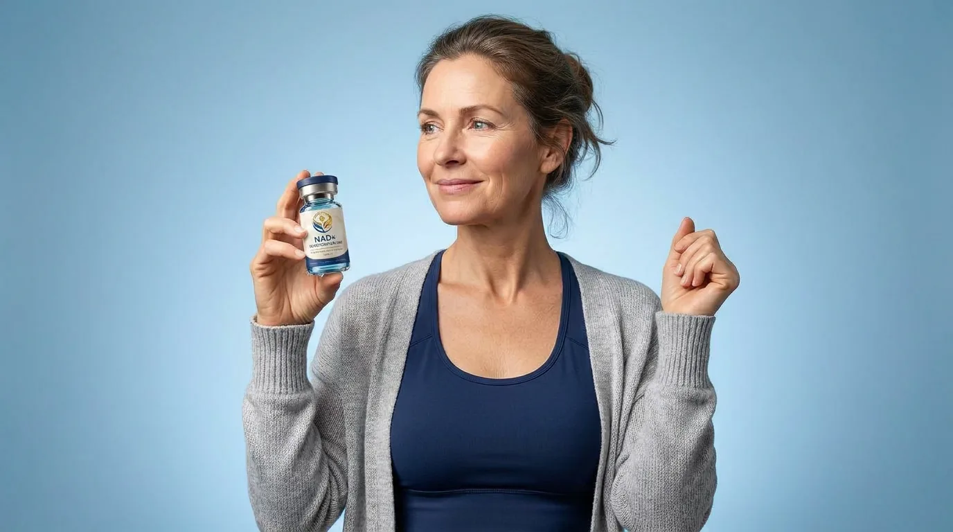 Man holding a vial of injectable NAD+ against a blue studio backdrop