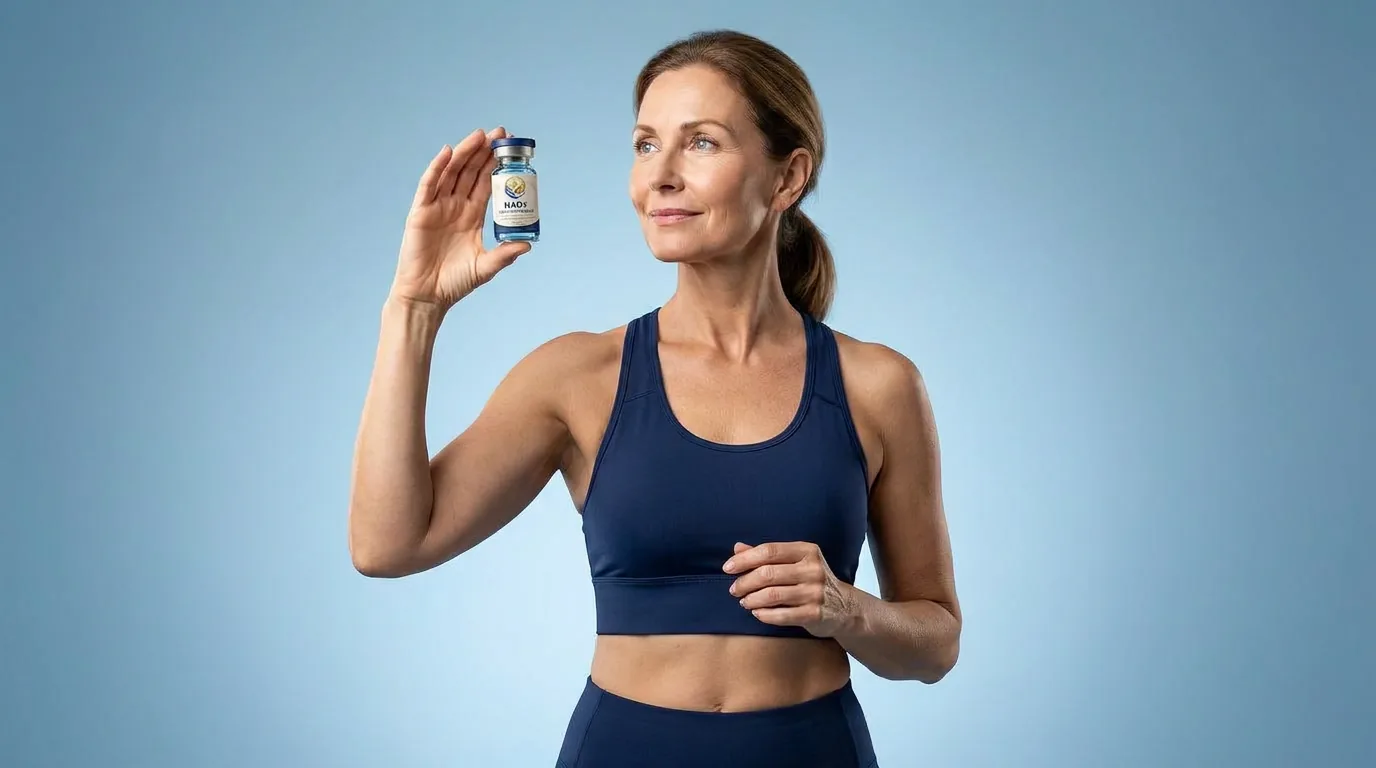 Man holding a vial of injectable NAD+ against a blue studio backdrop